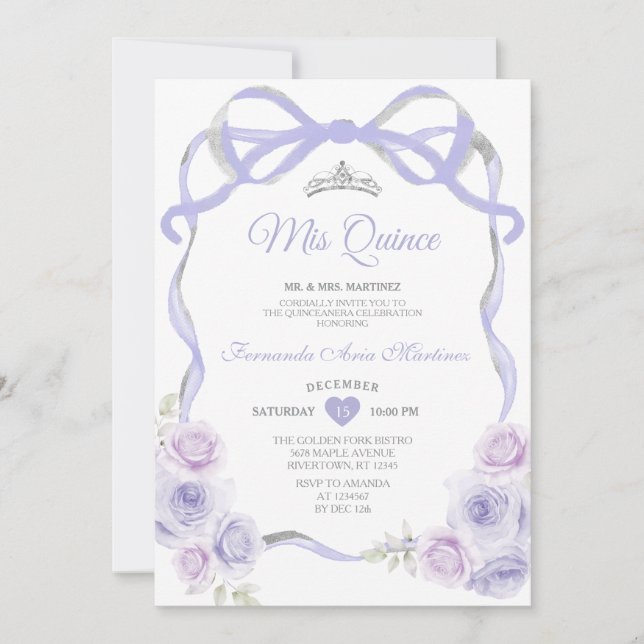 Invitation Lavande Violet Floral Bow Frame Argent Mis Quince (Devant)