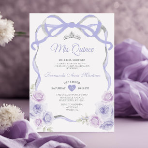 Invitation Lavande Violet Floral Bow Frame Argent Mis Quince