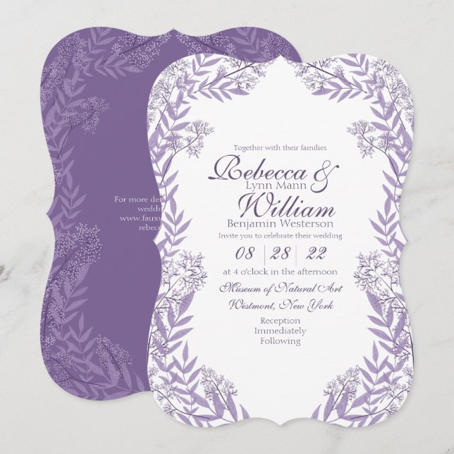 Invitation Lavande violet Mariage Vintage Botanique (Devant / Derrière)