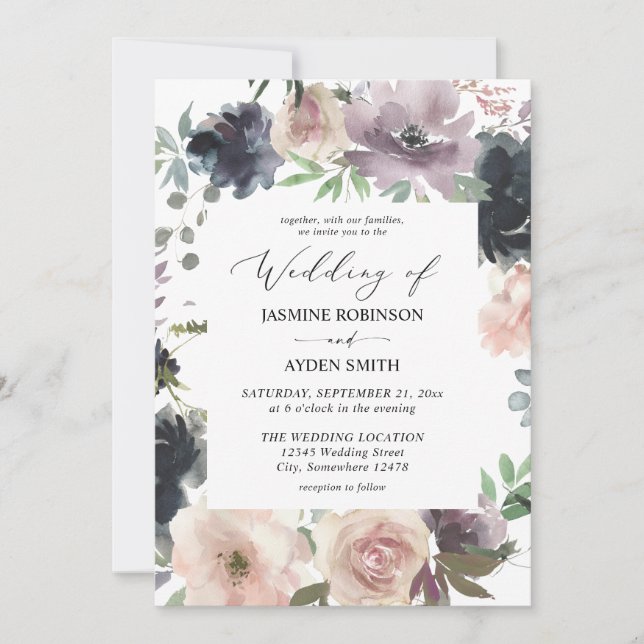 Invitation Lavande violet, Marine, Mariage floral rose vif (Devant)