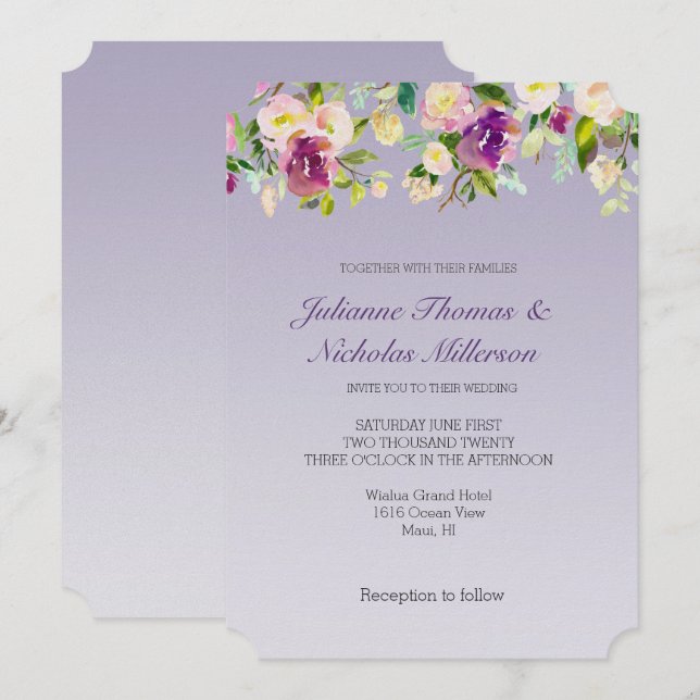 Invitation Lavande Violet Ombré Bourgogne Rouge Floral (Devant / Derrière)