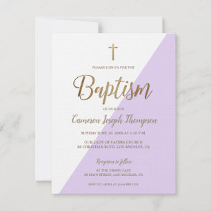 Invitation Lavande violet or blanc Baptême moderne