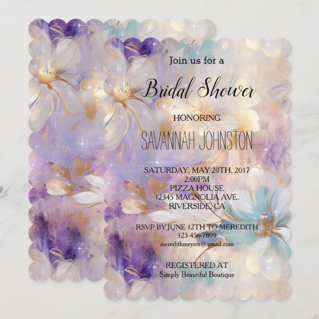 Invitation Lavande violet or glam Fête des mariées florale (Devant / Derrière)