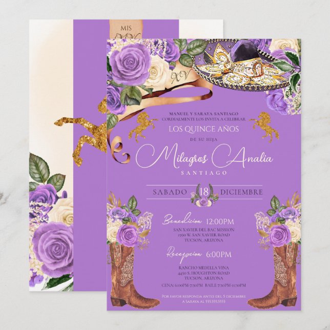 Invitation Lavande violet Rose Fancy Charra Quinceanera (Devant / Derrière)