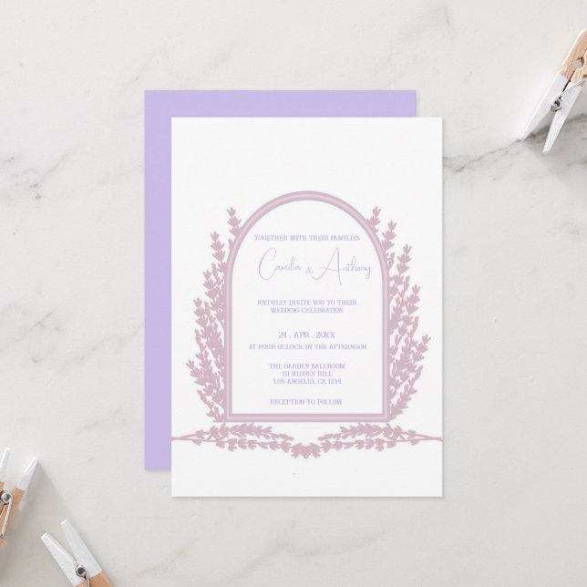 Invitation Lavande violet rose Mariage de saumons floraux (Devant/Arrière en situation)