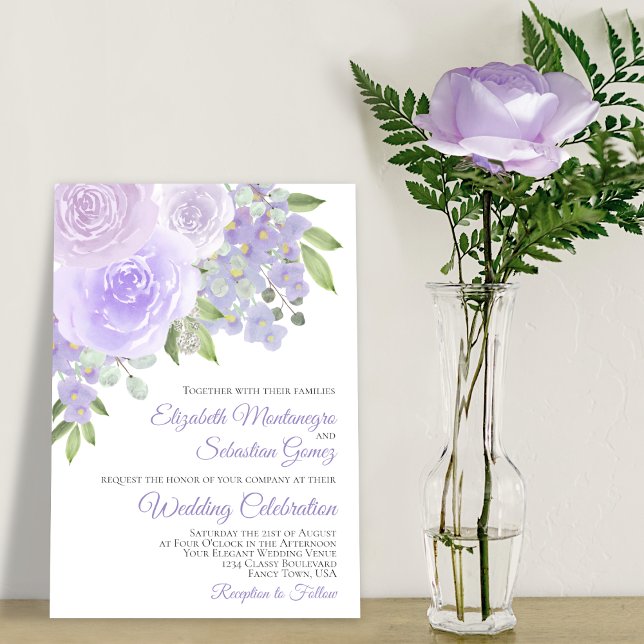Invitation Lavande Violet Roses & Blossoms Élégant Mariage (Créateur téléchargé)