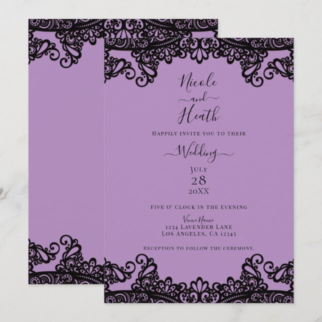 Invitation Lavande violette & dentelle noire Mariage élégant (Devant / Derrière)