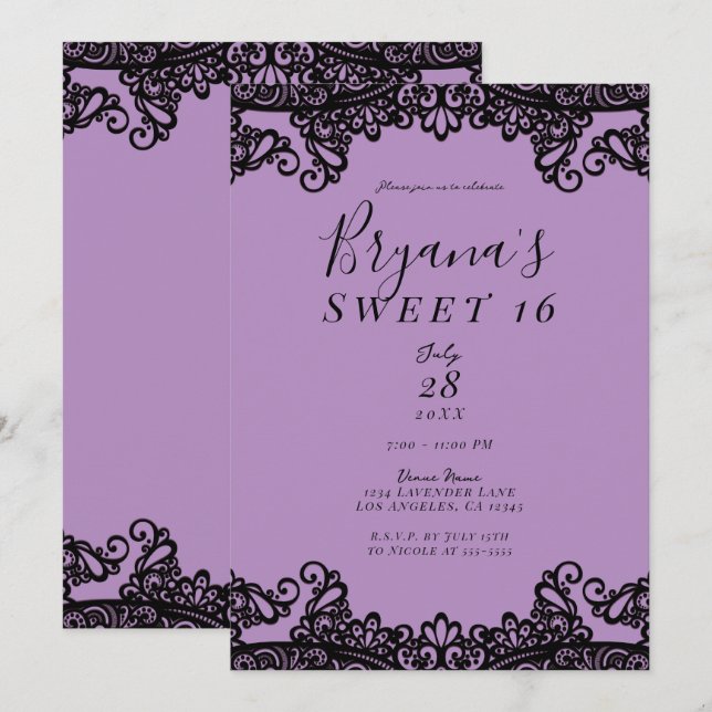 Invitation Lavande violette et dentelle noire Sweet 16 Partie (Devant / Derrière)
