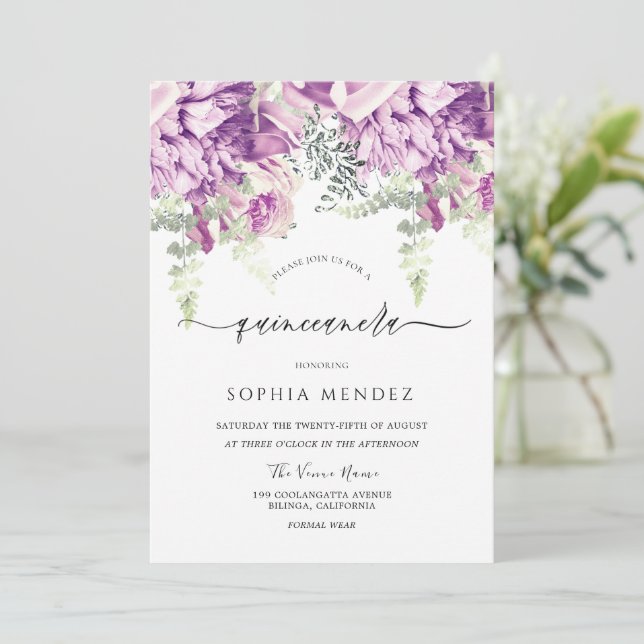 Invitation Lavande violette & Fleurs d'argent Quinceanera Par (Debout devant)