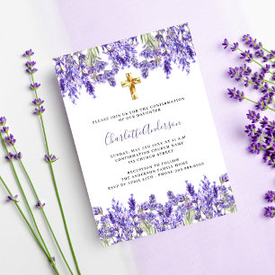 Invitation Lavande violette florales or croix Confirmation