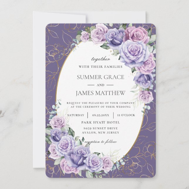 Invitation Lavande violette Lilac Roses Floral Mariage or (Devant)