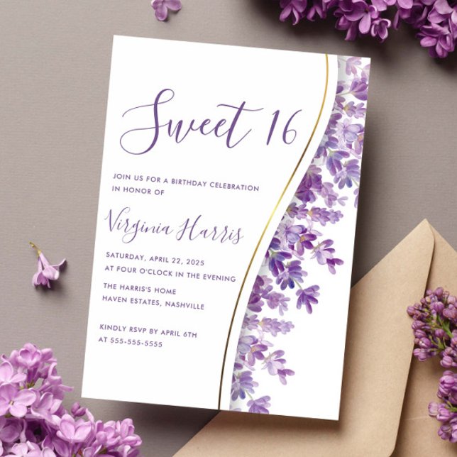 Invitation Lavande violette Sweet sixteen floral 16 Anniversa (Créateur téléchargé)