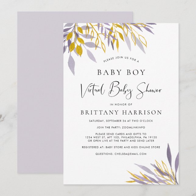 Invitation Lavande Virtuelle Gold Floral Baby Douche garçon (Devant / Derrière)