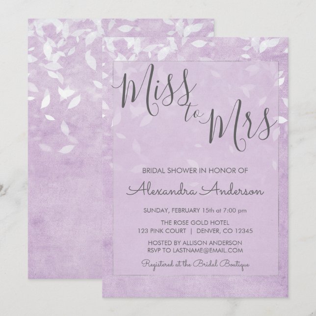 Invitation Lavande & White Miss à Mme Fête des mariées (Devant / Derrière)