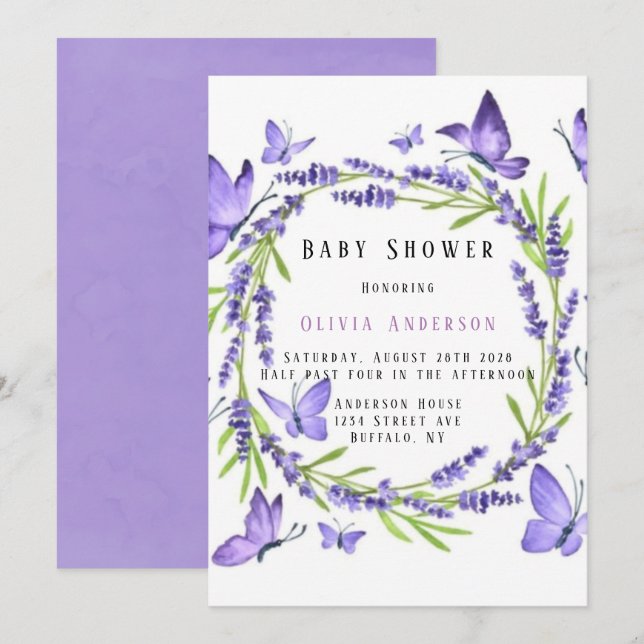 Invitation Lavande & Wisteria Papillons Baby shower fille (Devant / Derrière)