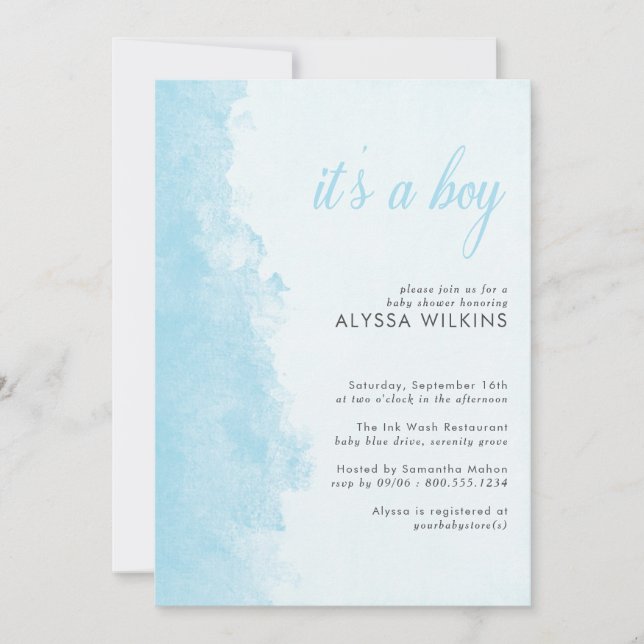 Invitation Lave-encre aquarelle Texture C'est un Baby shower  (Devant)