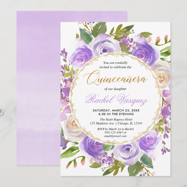 Invitation Lave florale pourpre de Quinceanera lilas (Devant / Derrière)