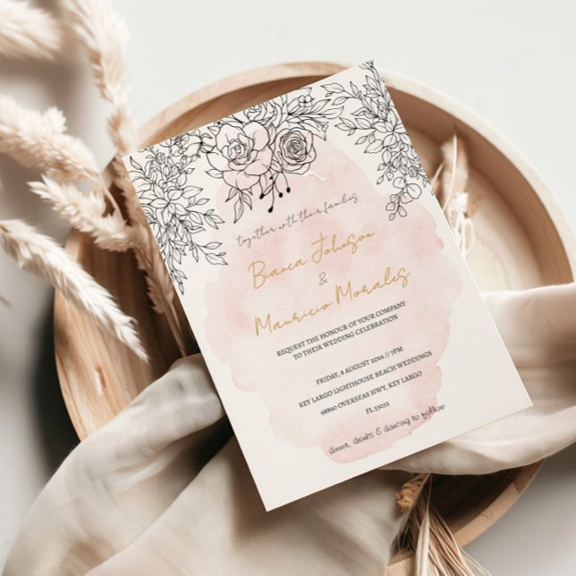 Invitation Lave-linge blanc délicat avec botanique noire mode (Delicate Blush Wash with Modern Black Botanical Invitation)
