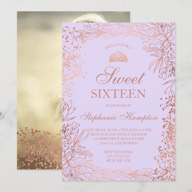 Invitation Lave rose or fleurie Tiara chic Sweet 16 (Devant / Derrière)