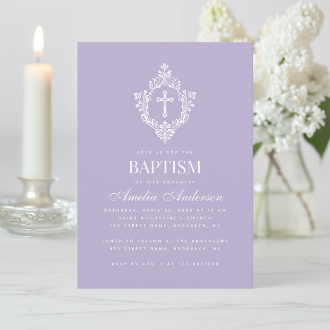 Invitation Lavender Baptism Cross Floral Crest Elegant Purple (Créateur téléchargé)