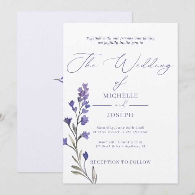 Invitation Lavender Bliss Elegant Mariage aquarelle (Devant / Derrière)
