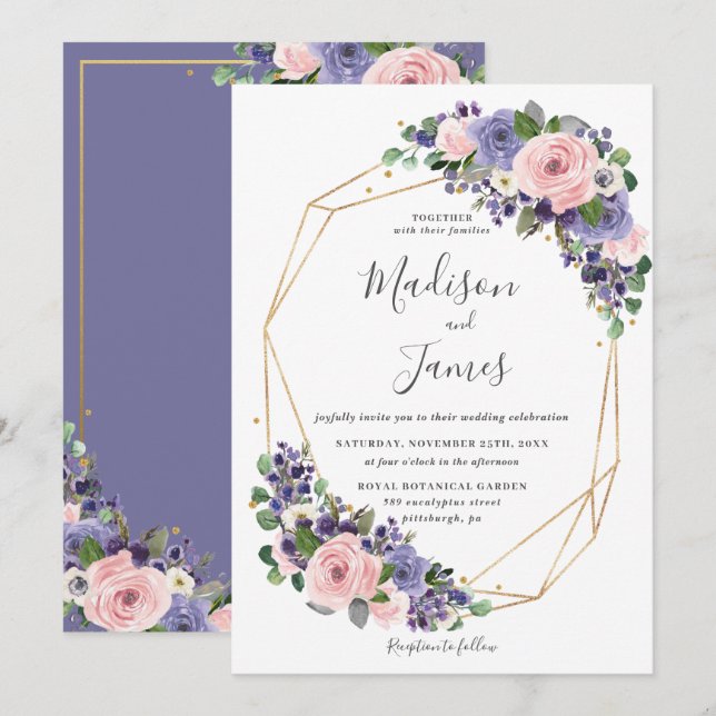 Invitation Lavender Blush Floral Mariage Cadre géométrique Or (Devant / Derrière)