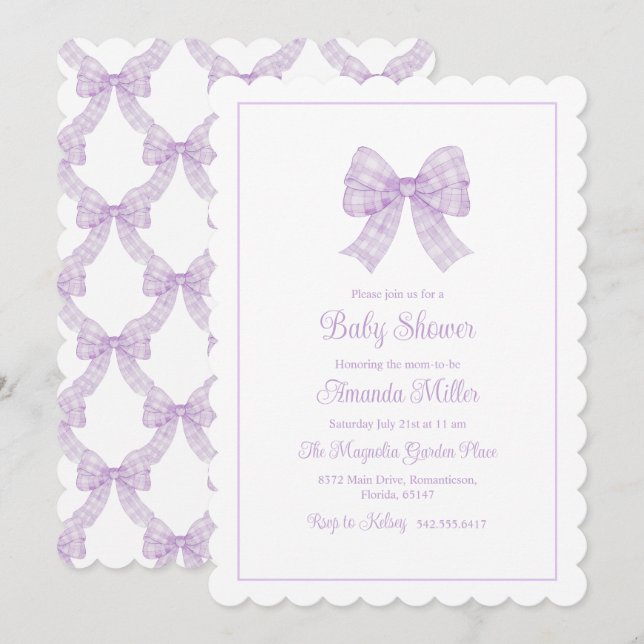 Invitation Lavender Bow Grandmillennial Preppy Baby shower (Devant / Derrière)
