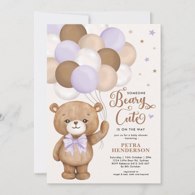 Invitation Lavender Brown Beary mou Teddy Bear Baby shower (Devant)