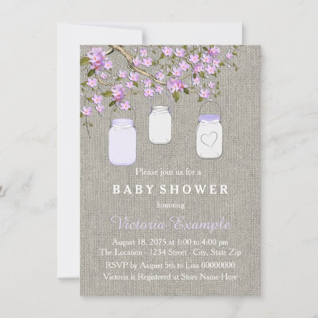 Invitation Lavender Burlap Mason Jar Baby shower (Devant)