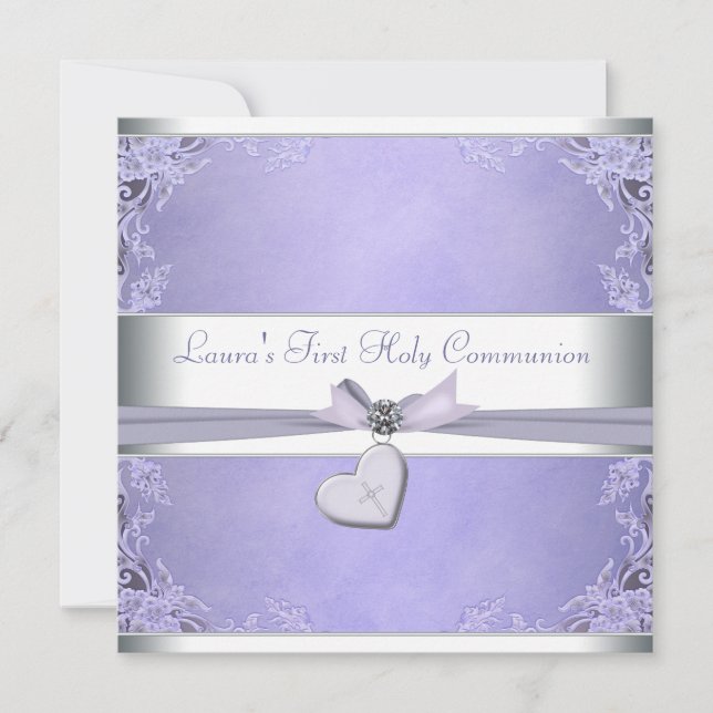 Invitation Lavender Cross Girls Purple Première Communion (Devant)