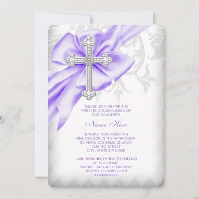 Invitation Lavender Damask Cross First Communion (Devant)