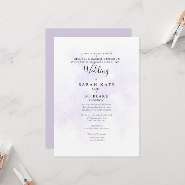 Invitation Lavender Deux Parents Deux Lieux Mariage (Devant/Arrière en situation)