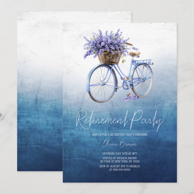 Invitation Lavender Dreams, Floral Bicycle Retirement Party (Devant / Derrière)