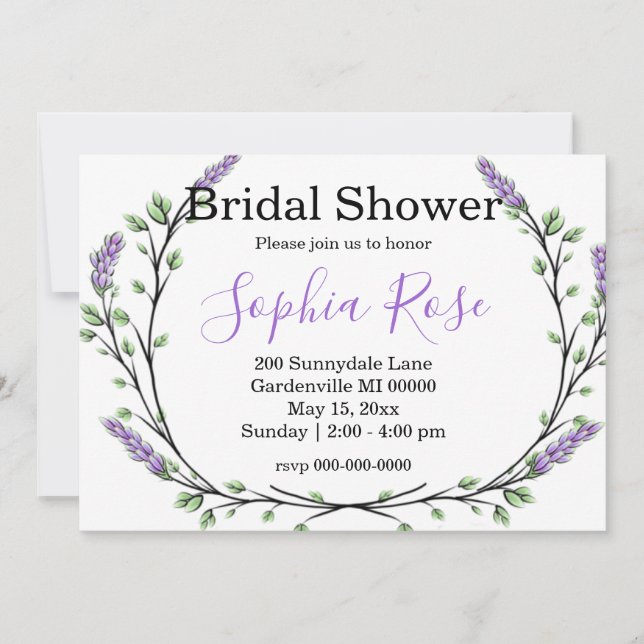Invitation Lavender Eucalyptus romantique boho douche nuptial (Devant)