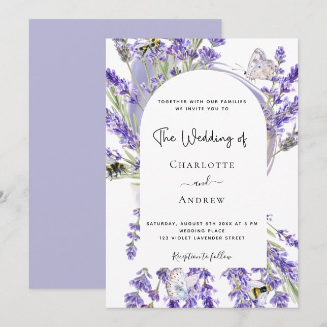Invitation Lavender floral arche blanche script mariage (Devant / Derrière)