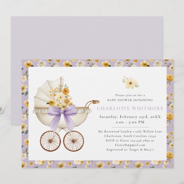 Invitation Lavender Floral Carriage Baby Shower Invite (Devant / Derrière)