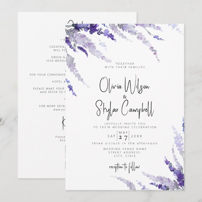 Invitation Lavender Floral Lilac QR Code Tout en un Mariage (Devant / Derrière)