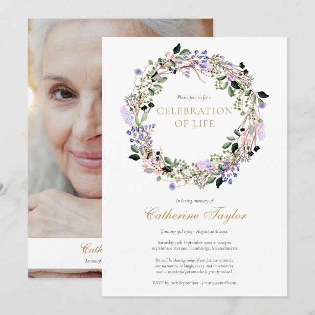 Invitation Lavender Floral Photo Célébration de la vie funéra (Devant / Derrière)
