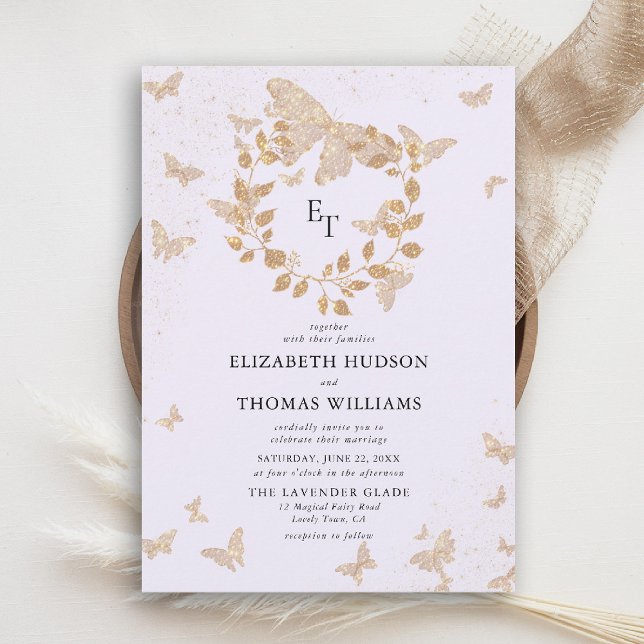 Invitation Lavender Gold Butterflies Eucalyptus Crest Wedding (butterfly wedding invitation lavender gold purple eucalyptus crest elegant modern romantic)