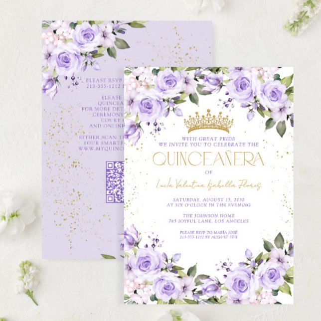 Invitation Lavender Gold Quinceañera Mis Quince 15 Años QR (Créateur téléchargé)