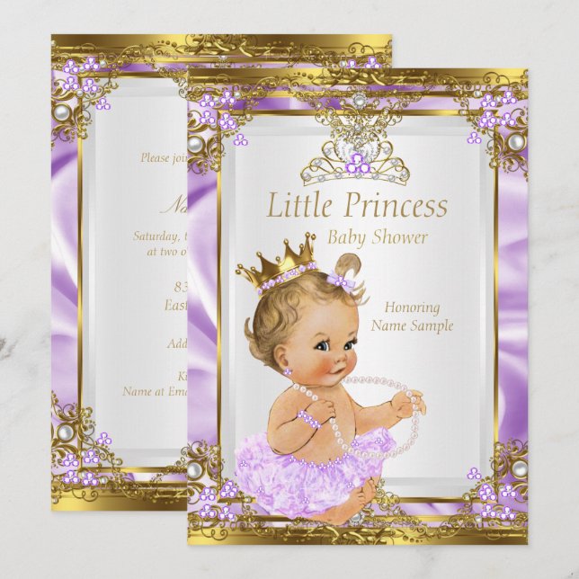 Invitation Lavender Gold White Princesse Baby shower Blonde (Devant / Derrière)