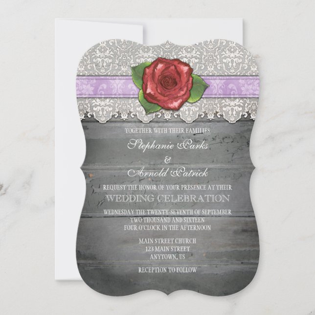 Invitation Lavender Grey Rustic Wood Rose Mariage Inviter (Devant)