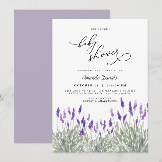 Invitation Lavender Lila Greenery Baby shower neutre pour les (Devant / Derrière)