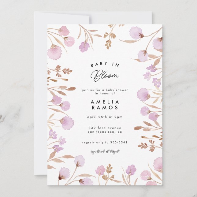 Invitation Lavender Lilac Aquarelle Baby shower (Devant)
