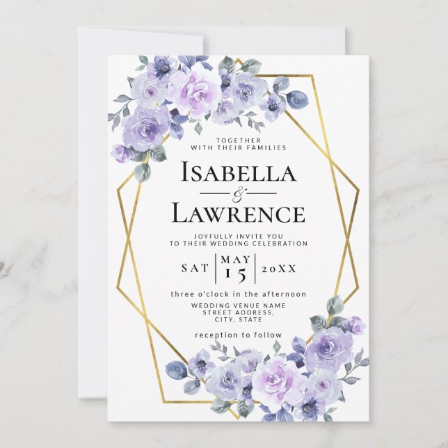 Invitation Lavender Lilac Floral Gold Frame Élégant Mariage (Devant)