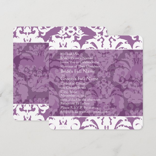 Invitation Lavender Lilac Mariage damassé (Devant / Derrière)