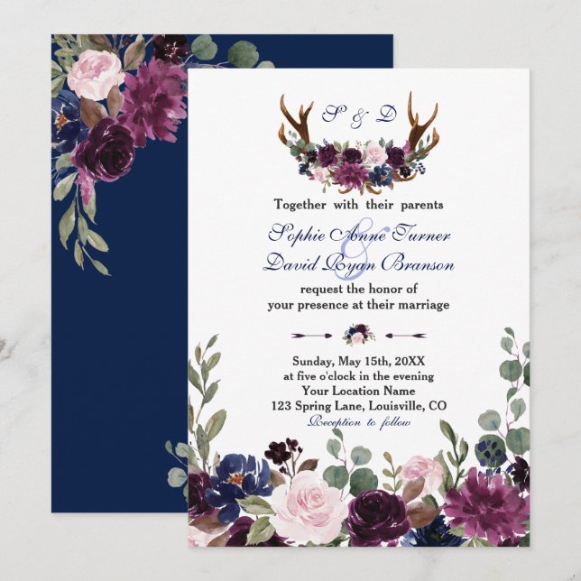 Invitation Lavender Navy Blue Floral Bloom Antlers Mariage (Devant / Derrière)