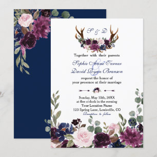 Invitation Lavender Navy Blue Floral Bloom Antlers Mariage