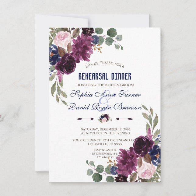 Invitation Lavender Navy Blue Floral Bloom Dîner de répétitio (Devant)