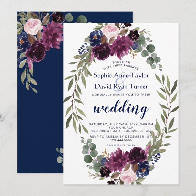 Invitation Lavender Navy Blue Floral Bloom Mariage (Devant / Derrière)